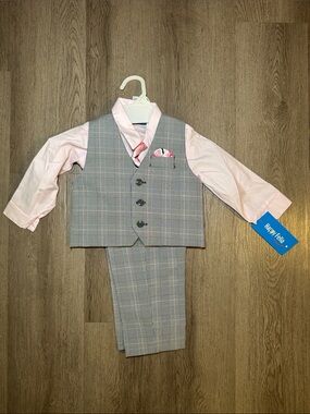 Moschino Pink Shirt with Gray Plaid Vest and Pants Set